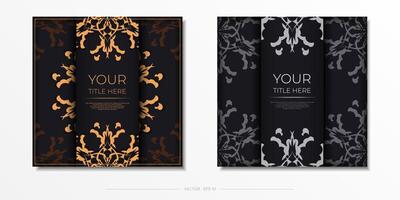 Set of Preparing postcards in black with Indian ornaments. Vector Template for printable design of invitation card with mandala patterns.