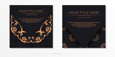 Square Dark color postcard template with abstract ornament. Print-ready invitation design with vintage patterns. vector