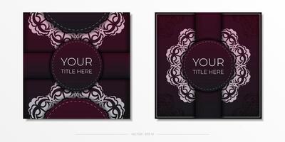 Set of Vector cooking postcards in burgundy color with vintage patterns. Template for print design invitation card with mandala ornament.