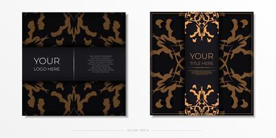 Set of postcards in black with Indian patterns. Vector design of invitation card with mandala ornament.