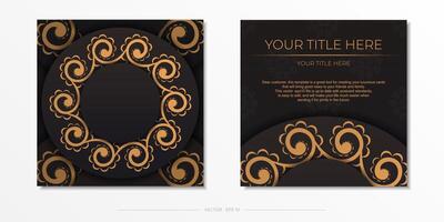 Square Postcard template in black color with Indian ornament. Print-ready invitation design with mandala patterns. vector