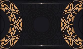 Black banner template with luxury orange ornaments and place for your logo. Postcard design with Greek patterns. vector