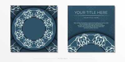 Blue square vector greeting cards with luxurious light patterns. Invitation card design with vintage ornament.