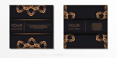 Square Preparing postcards in black with luxurious gold ornaments. Vector Template for printing design invitation card with vintage patterns.