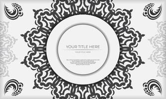 White banner template with black ornaments and place for your design. Invitation card design with mandala patterns. vector