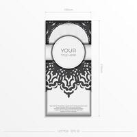 Vector Template of a postcard in white with black patterns. Print-ready invitation design with mandala ornament.