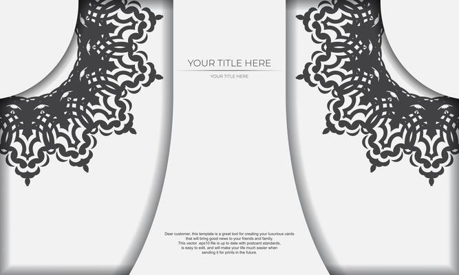 White template banner with black ornaments and place under the text. Template for design printable invitation card with mandala patterns.