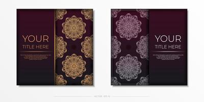 This is a burgundy postcard preparation with vintage patterns. Template for print design invitation card with mandala ornament. vector