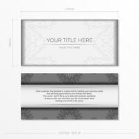 Stylish Template for print design postcards in white color with luxurious Greek patterns. Vector preparation of invitation card with vintage ornament.