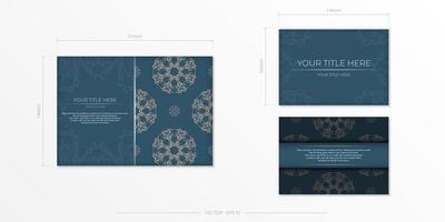 Rectangular Preparing a blue postcard with a luxurious light ornamentation. Vector Template for printing design invitation card with vintage patterns.