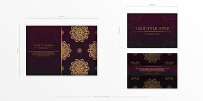 Set of Burgundy color postcard template with vintage patterns. Print-ready invitation design with mandala ornament. vector
