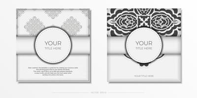 plantilla postal colores blancos con motivos indios. diseño de invitación listo para imprimir con adorno de mandala. vector