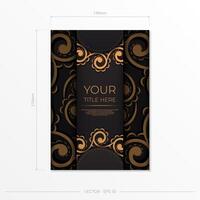 Rectangular Postcard template in black with Indian patterns. Print-ready invitation design with mandala ornament. vector
