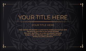 Black banner with luxurious orange ornaments and place for your logo. Template for postcard print design with Greek patterns. vector