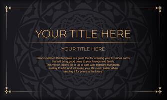 Black banner with luxurious orange ornaments and place for your logo. Template for postcard print design with Greek patterns. vector