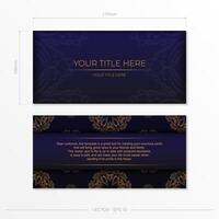 Stylish Template for postcard print design in purple color with luxurious Greek patterns. Vector preparation of invitation card with vintage ornament.