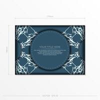 Rectangular Vector Blue color postcard template with luxurious light patterns. Print-ready invitation design with vintage ornaments.