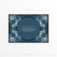 Rectangular Vector Blue color postcard template with luxurious light patterns. Print-ready invitation design with vintage ornaments.