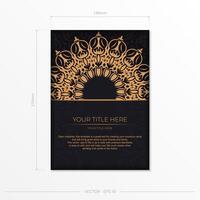 A black and gold flyer template with an ornate design vector