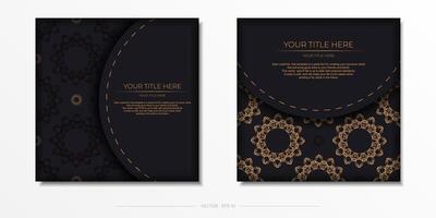 Square Vector Preparing postcards in black with luxurious golden patterns. Template for print design invitation card with vintage ornament.