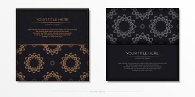 Square Vector Black color postcard template with luxury gold patterns. Print-ready invitation design with vintage ornaments.