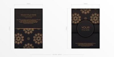 Rectangular postcards in black with Indian ornaments. Vector design of invitation card with mandala patterns.