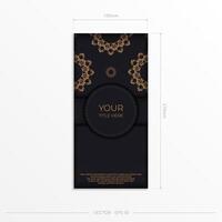Rectangular Postcard template in black color with luxury gold ornaments. Print-ready invitation design with vintage patterns. vector