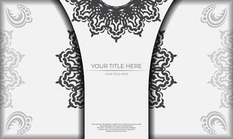 banner de plantilla blanca con adornos negros y lugar debajo del texto. plantilla para diseño de tarjeta de invitación imprimible con patrones de mandala. vector