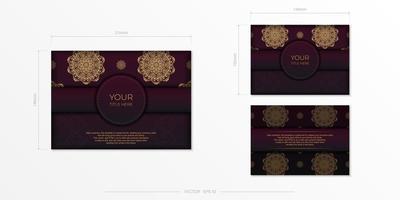 Set of Preparing postcards in burgundy color with vintage ornament. Template for design printable invitation card with mandala patterns. vector