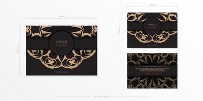 Rectangular Template for print design postcards in black color with luxury patterns. Vector preparation of invitation card with vintage ornament.