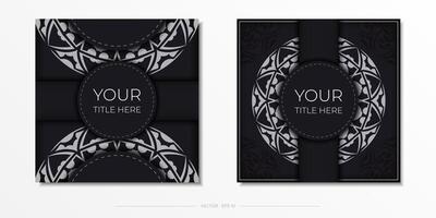 Vector invitation card with place for your text and abstract ornament. Black color postcard design with orange patterns.