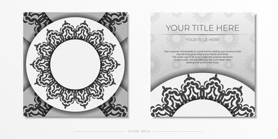 White color postcard template with black ornaments. Print-ready invitation design with mandala patterns. vector