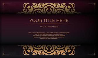 Burgundy template banner with vintage ornaments and place under the text. Template for design printable invitation card with mandala patterns. vector