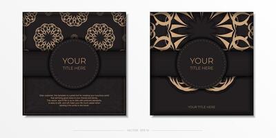 Square Template for print design postcards in black color with luxury patterns. Vector preparation of invitation card with vintage ornament.