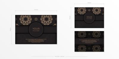 Rectangular Ready-to-print postcard design in black with luxurious patterns. Vector Invitation card template with vintage ornament.