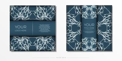 Square vector blue color postcard template with luxury light patterns. Print-ready invitation design with vintage ornaments.