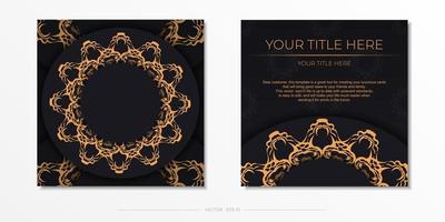 Square Postcard template in black color with luxury gold ornaments. Print-ready invitation design with vintage patterns. vector