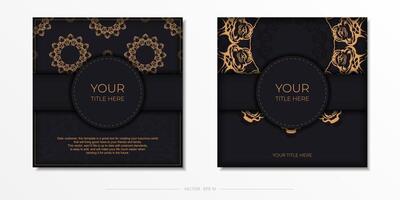 Square Vector Preparing postcards in black with luxurious golden patterns. Template for print design invitation card with vintage ornament.