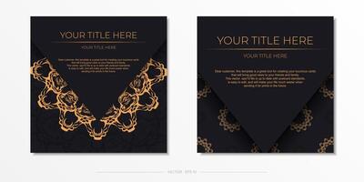 Square Postcard template in black color with luxury gold ornaments. Print-ready invitation design with vintage patterns. vector