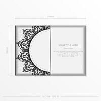 White postcard template with black patterns. Vector Print-ready invitation design with mandala ornament.