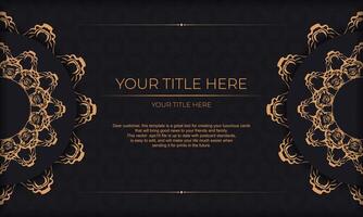 Black vector banner with luxury gold ornaments and place under text. Template for print design invitation card with vintage ornament.