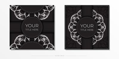 Square Vector Ready-to-Print Black Color Postcard Design with Luxurious Ornaments. Invitation card template with vintage ornament.