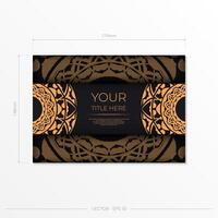 Black color postcard design with orange patterns. Vector invitation card with place for your text and abstract ornament.
