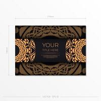 Black color postcard design with orange patterns. Vector invitation card with place for your text and abstract ornament.