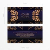 Stylish vector Template for postcard print design in purple color with luxury Greek ornaments. Preparing an invitation card with vintage patterns.