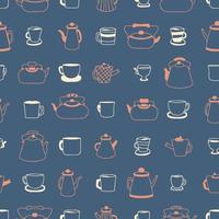 Doodle teapot, cups and mugs simple seamless pattern. vector