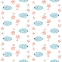 Cute illustrated pattern with fish, octopus, algae, shells. Hand-drawn fish on a pattern for textiles, children's clothing, wallpaper, wrapping paper, smartphone cases. vector