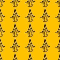 Seamless vector pattern of contour houses in the style of doodle on a yellow background.