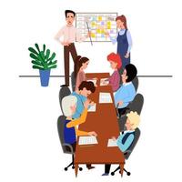 The concept of a working meeting of colleagues at the table. People s report on the topic of planning and problem solving. vector