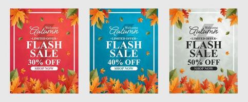 fondos de venta de otoño con hojas, establecer plantilla de otoño feliz, pancarta, carteles, plantillas de diseño de portada, historias de papel tapiz de medios sociales vector